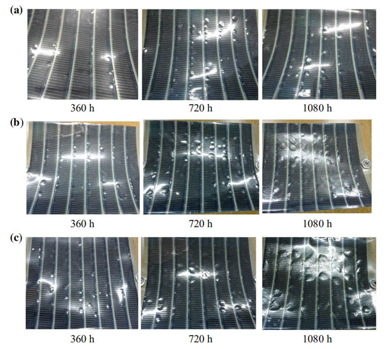 隨著在QUV紫外老化試驗(yàn)箱中進(jìn)行老化測(cè)試時(shí)間的推移，OSCs產(chǎn)生氣泡狀和顏色發(fā)生變化